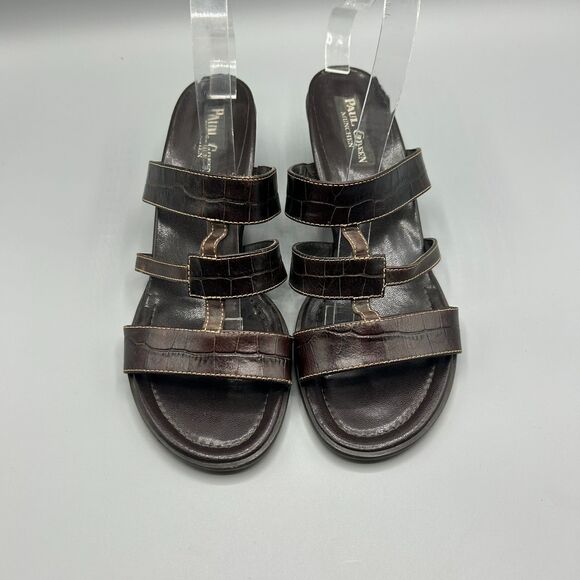 Paul Green Sandals Heel Brown Croc Leather Open Toe Slip On Shoes Size 6.5 - Picture 5 of 11